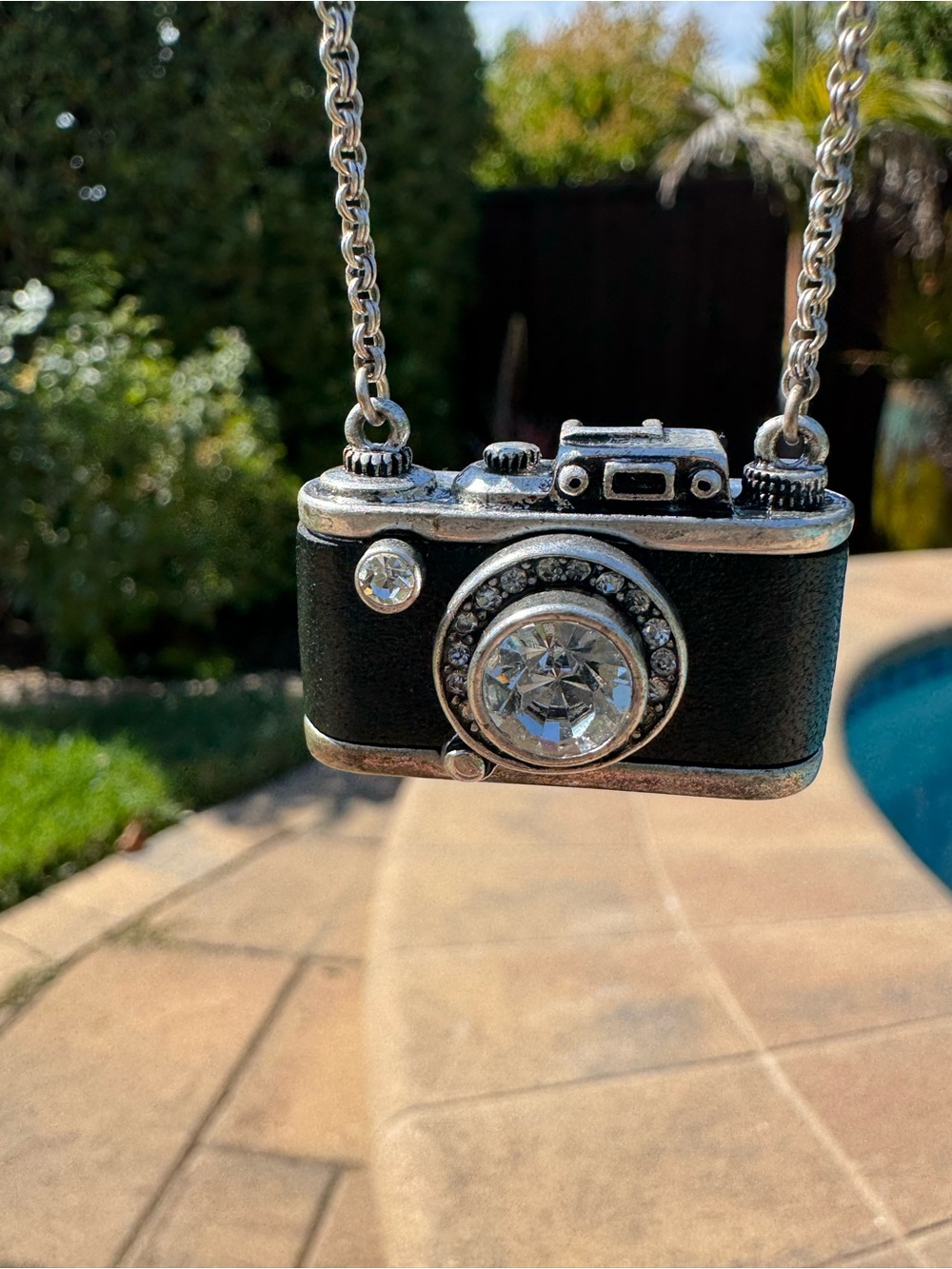 Vintage Fossil Camera Necklace Pendant - Black